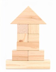 Wooden Block Tower with Geometric Shapes on White Backdrop for Children