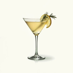 A sophisticated martini cocktail served in a classic V-shaped glass, garnished with a lemon slice and a sprig of rosemary. The clear, golden-yellow drink is set against a minimal, light background.