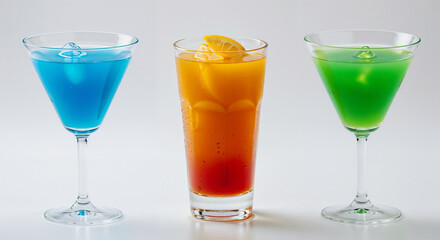 Blue Lagoon, Tequila Sunrise, Midori Sour. Vibrant mixed drinks in colorful glassware with Ice cubes displayed isolated white background.