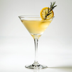 A sophisticated martini cocktail served in a classic V-shaped glass, garnished with a lemon slice and a sprig of rosemary. The clear, golden-yellow drink is set against a minimal, light background.