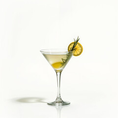 A sophisticated martini cocktail served in a classic V-shaped glass, garnished with a lemon slice and a sprig of rosemary. The clear, golden-yellow drink is set against a minimal, light background.