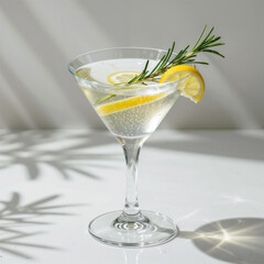 A sophisticated cocktail with a slice of lemon and rosemary garnish in a bright, sunny ambiance. The crisp drink in a martini glass evokes a light and refreshing aesthetic for celebrations.