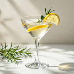 Elegant Cocktail With Lemon Garnish and Fresh Rosemary in Sunlit Setting