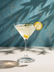 Elegant martini cocktail featuring a lemon slice and rosemary garnish, set against a textured blue background with tropical shadow play and bright light.