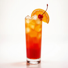 A classic Tequila Sunrise cocktail in a tall glass filled with ice. Garnished with a slice of orange and a maraschino cherry, set against a clean white background. Perfect for themes of tropical drink