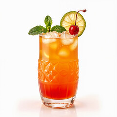 A refreshing Tequila Sunrise cocktail served in a clear glass with ice, featuring a vibrant gradient from red grenadine to orange juice. Garnished with maraschino cherries, a lime slice, and fresh min