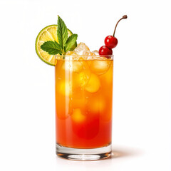A refreshing Tequila Sunrise cocktail served in a clear glass with ice, featuring a vibrant gradient from red grenadine to orange juice. Garnished with maraschino cherries, a lime slice, and fresh min