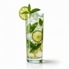 A refreshing glass of mojito with lime slices, mint leaves, and ice cubes, presented in a tall clear glass against a white background. Perfect representation of a summer cocktail, fresh beverage, or d