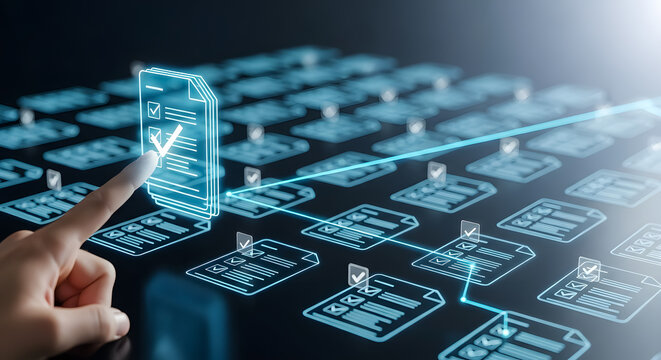 Futuristic Secure Database Technology, Human finger interacting with glowing Transparent digital data checklist documents on a futuristic interface - Powered by Adobe