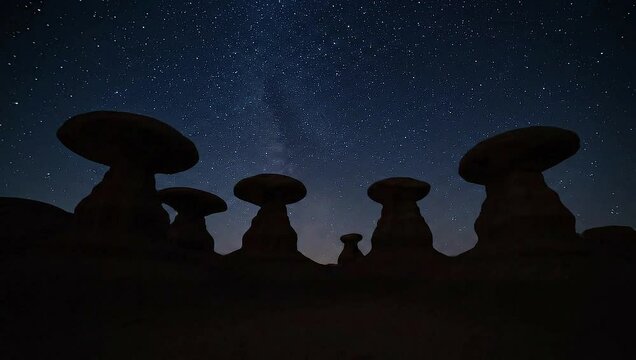 Sandstone hoodoos of Goblin Valley State Park silhouetted under a star-filled night sky