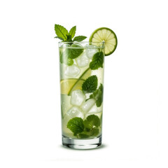 A refreshing glass of mojito with lime slices, mint leaves, and ice cubes, presented in a tall clear glass against a white background.