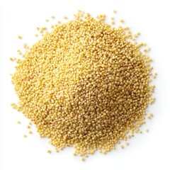 Heap of raw millet grains scattered on a clean white background, viewed from above, showcasing texture and natural golden color.