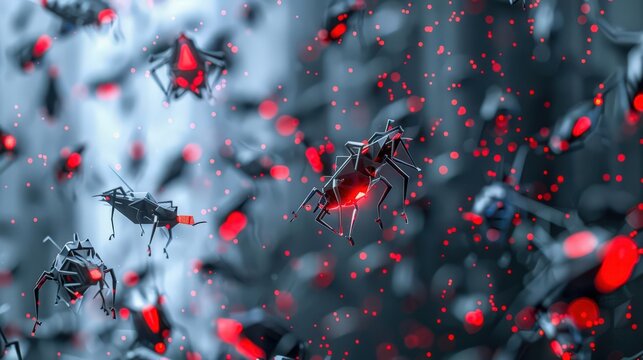abstract botnet swarm as mechanical locusts devouring data streams metallic gray and red on swarm .