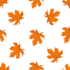 Fototapeta premium Seamless vector pattern with orange maple leaves on a white background. Perfect for autumn-themed designs, textiles, packaging, web backgrounds, and seasonal decorations