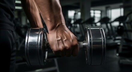 Close-up of Muscular Arm Lifting Chrome Dumbbell in Dark Gym Setting