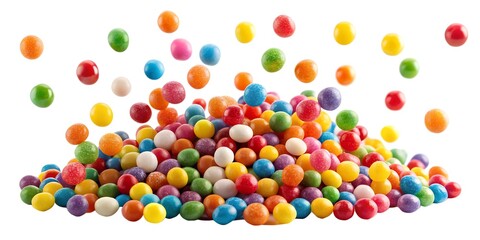 Obraz premium A vibrant group of colorful, sweet jelly bean candies and smarties are scattered on a clean white background, a delightful and bright dessert snack