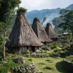 Fototapeta premium Traditional thatched huts nestled in a valley