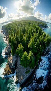 Cliffside Forest Peninsula with Ocean Waves and Mountain View