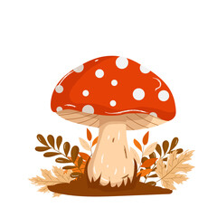 Whimsical vector illustration of red fly mushroom with fall leaves on white background. Dry leaves of maple, rowan, oak. Warm seasonal tones, design for children's books, forest theme, fall branding
