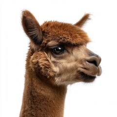 Fototapeta premium Elegant brown alpaca portrait with distinctive facial features and soft fur against clean white background, perfect for wildlife conservation or textile industry