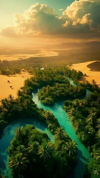 Aerial View of a Lush Desert Oasis with Palm Trees and River