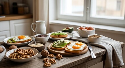 Rustic Kitchen Table: Healthy Avocado Toast with Fried Eggs, Nuts, and Seeds, Bright Morning Light