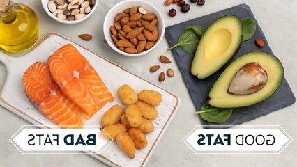 Healthy Fats vs. Unhealthy Fats: Salmon, Avocado, Almonds, and More in a Flatlay Composition