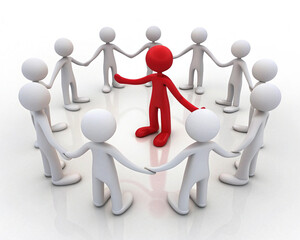 A group of white stick figures holding hands in a circle with a red stick figure in the center created with generated ai