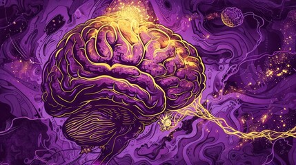 Fototapeta premium abstract brain with glowing neurons and serotonin molecules purple and gold .