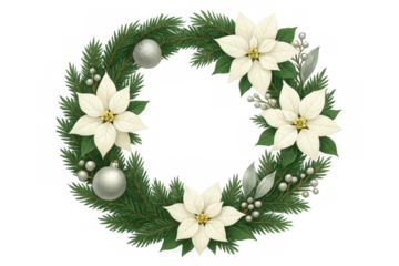 Elegant holiday wreath featuring white poinsettias, silver baubles, pine greenery, hanging with festive winter sophistication