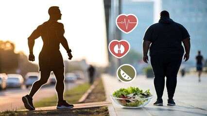 Side-by-side comparison image of overweight and muscular body silhouettes with health-related icons.