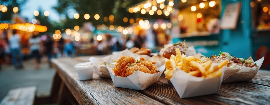 Food truck serving assorted dishes in white paper cups, fries on a wooden table, with people and colorful festival lights blurred in the background.