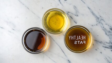 Top-down macro shot of different oils in small glass bowls labeled “healthy fats” on a marble countertop.