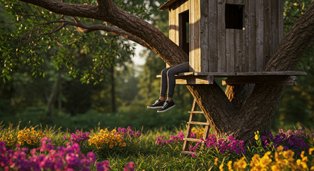 Child sitting in treehouse among colorful flowers in garden  