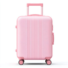 A sleek, modern pink hard-shell suitcase with four wheels and a telescopic handle, designed for convenient and stylish travel.