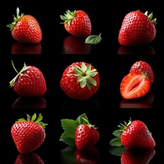 Fresh ripe strawberries arranged in grid pattern showing different angles and one sliced berry against black background with reflections, perfect for food photography