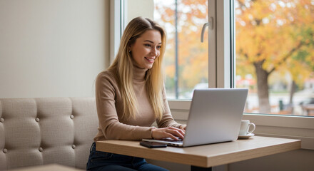 Fototapeta premium Young woman working on laptop at cozy café with autumn view 