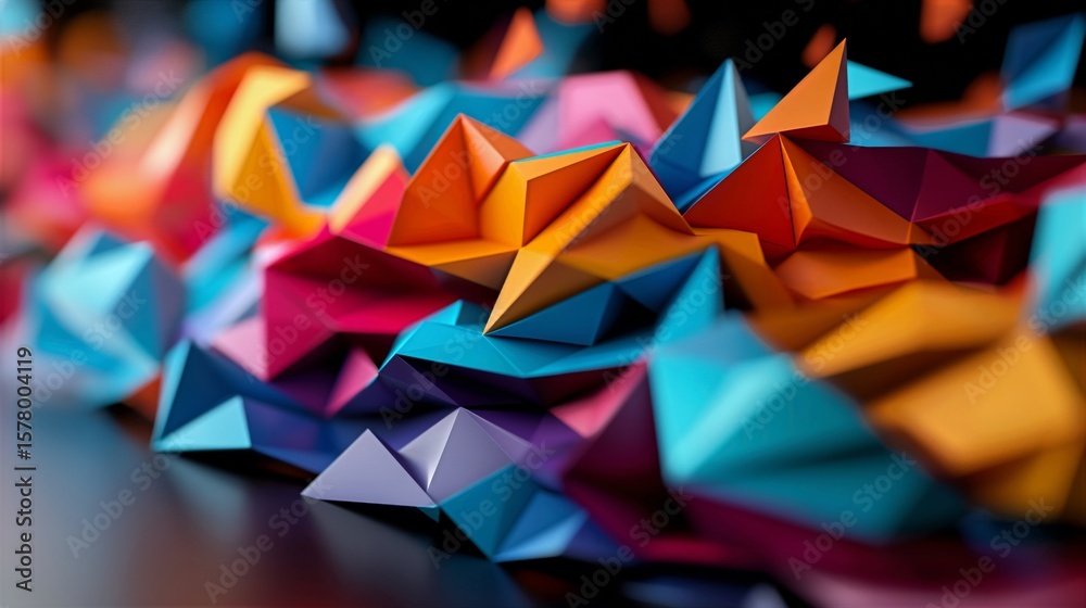 Fototapete multicolored geometric landscape with sharp triangular forms, bright overlapping shapes generating d