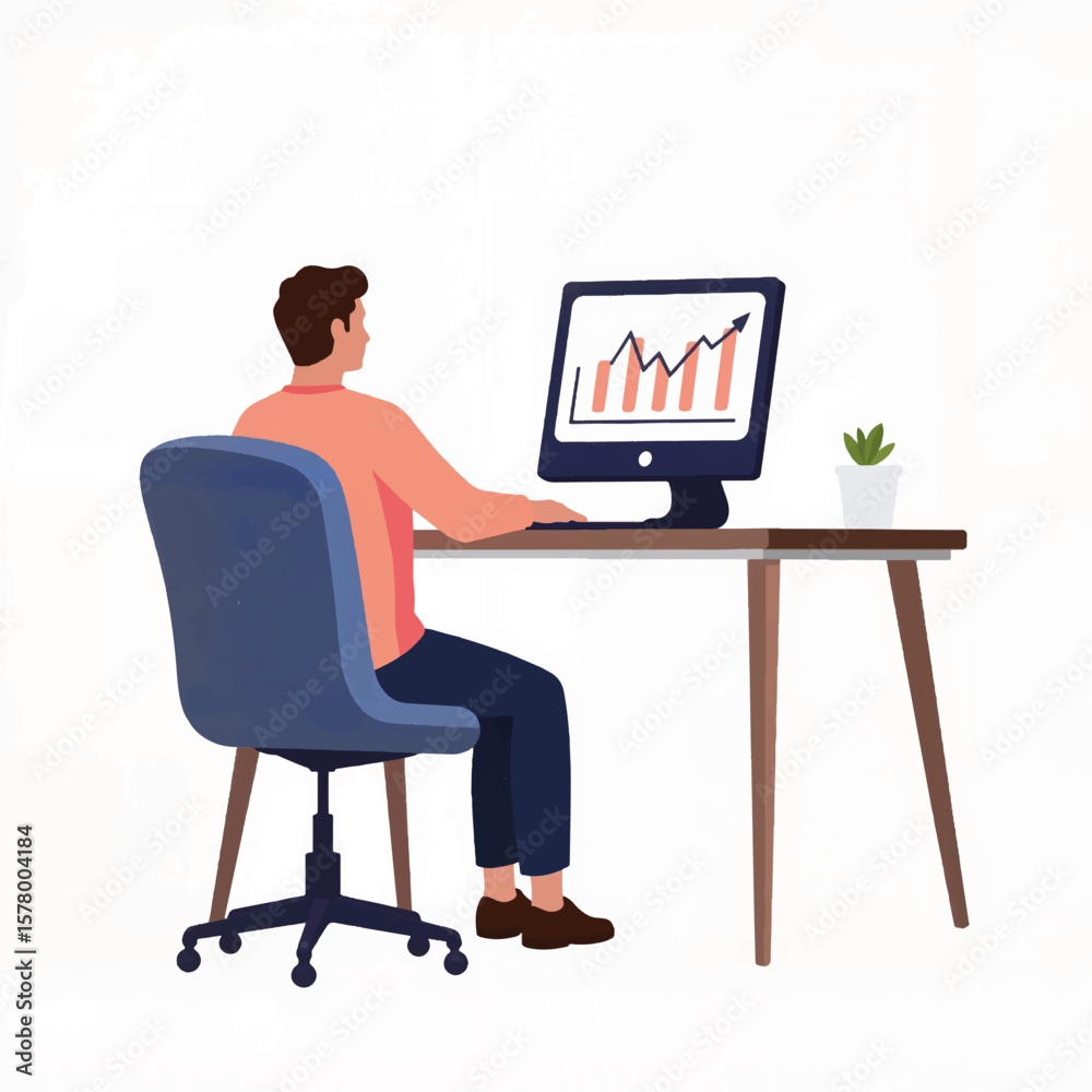 Poster man working at desk while analyzing graphs on computer screen