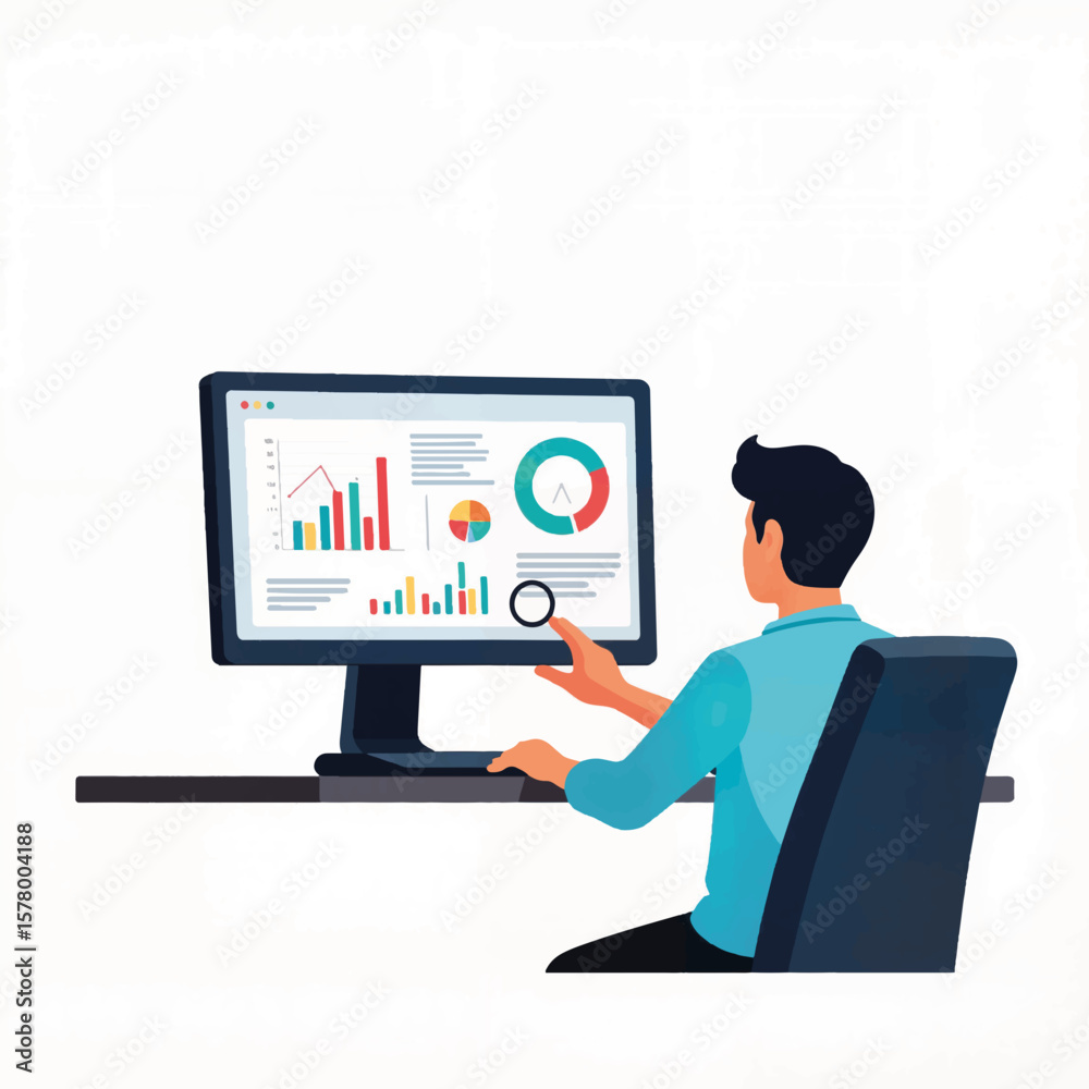Poster Man analyzing data on computer screen with charts and graphs  