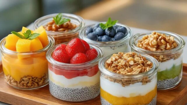 Yogurt Parfaits Delight: A delectable array of yogurt parfaits bursts with vibrant colors and fresh, natural ingredients, artfully arranged in glass jars.