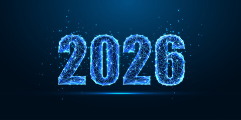 Futuristic glowing 2026 year in digital low poly style, innovation and tech future concept