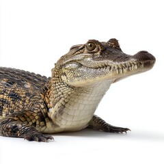 Fototapeta premium Alert young alligator close-up portrait with detailed scales and teeth against clean white background for wildlife education or conservation awareness with free copy space