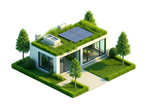 A modern eco-friendly house with a green roof covered in plants, solar panels on top, and large glass windows. The house is surrounded by trees, bushes, and a small garden - Powered by Adobe