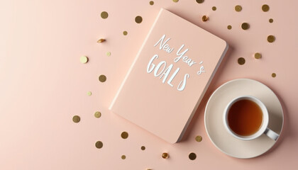 Flatlay of a light peach notebook with "New Year's goals" lettering and a pale coffee cup surrounded by golden confetti on a blush pink surface, celebration of new intentions.