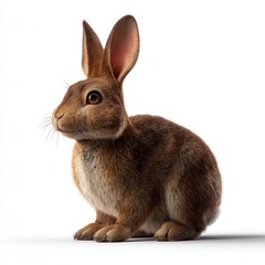 Fototapeta premium Alert brown rabbit with large upright ears sitting against white background, detailed fur texture visible in studio lighting, perfect for pet care advertising
