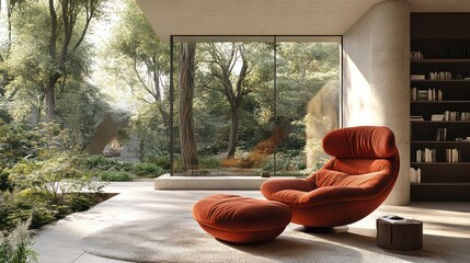 Modern living room with floortoceiling windows opening to a lush forest