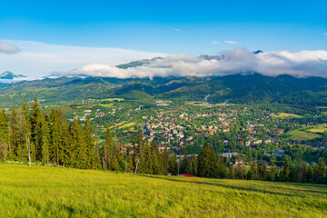 Obraz premium View of Tatra Mountains and the town on top of Gubalowka, a hill in Zakopane, Poland
