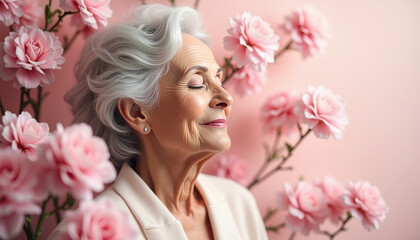 Naklejka premium Elegant elderly woman with silver-white hair smiling peacefully among blooming pink flowers against a pale pastel backdrop, celebrating timeless beauty and serenity.