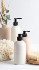 Neutral Tone Bathroom Still Life with Soap Bottles and Natural Accessories